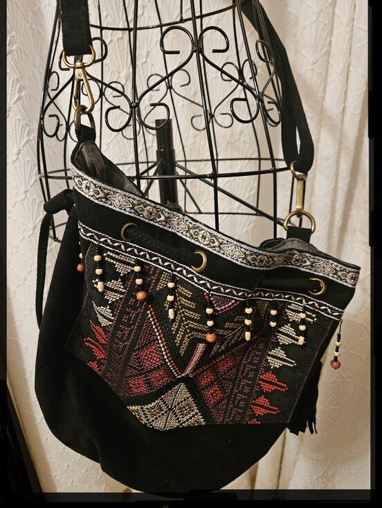 Crazy Lou Handbags - Crazy Lou  Black Suede Like Embroidered Crossbody Bag with Red and Gold Accents